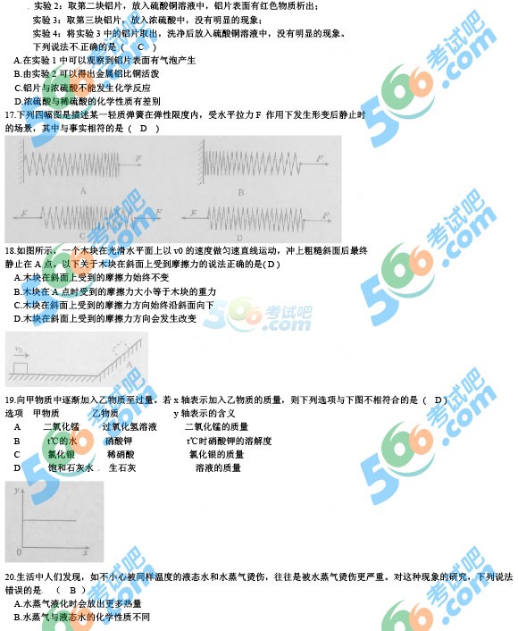 2015年浙江杭州中考科學試題及答案