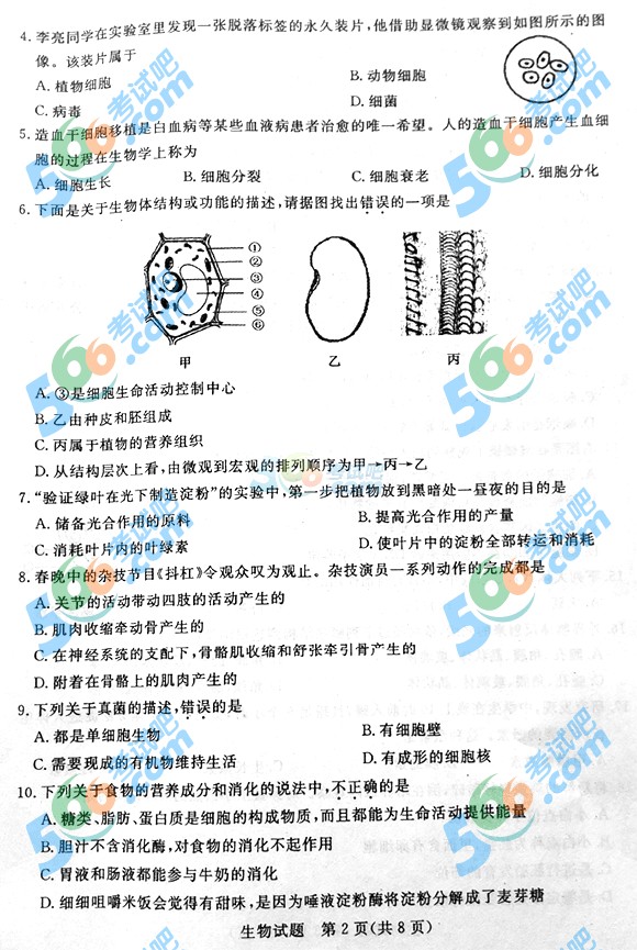 2015年山東省濱州中考生物試題
