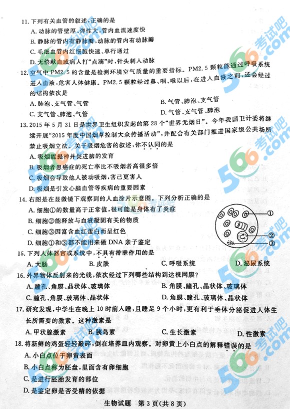 2015年山東省濱州中考生物試題