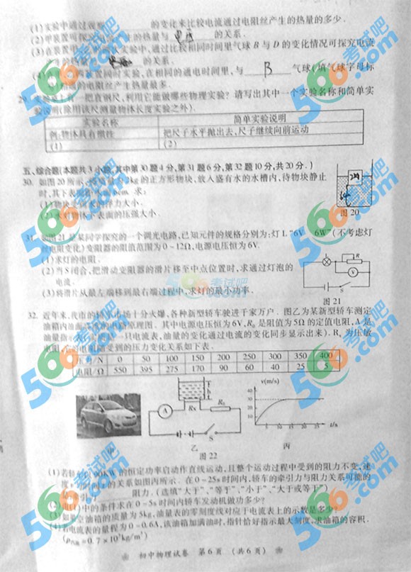 2015年湖南省衡陽中考物理試題