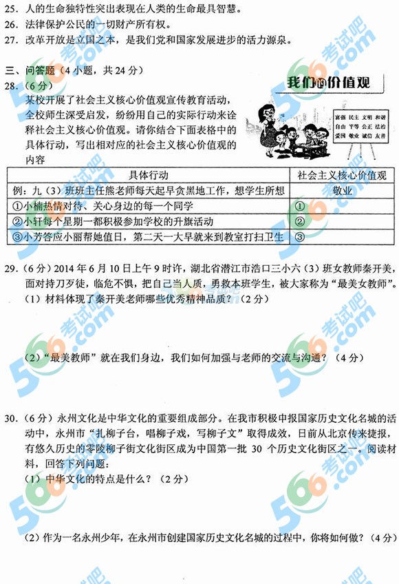 2015年湖南永州中考政治試題