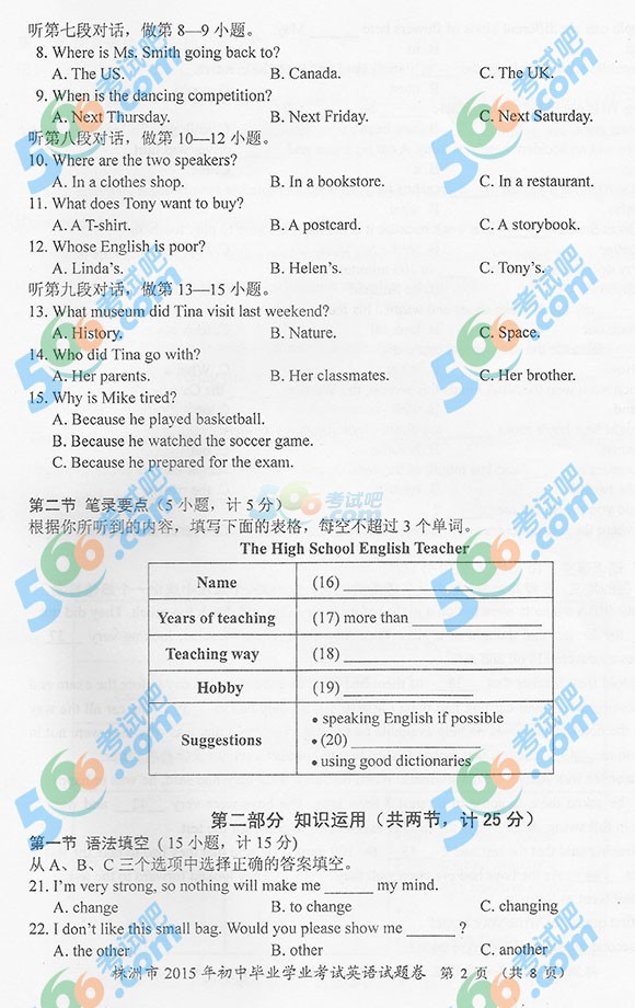 2015年湖南株洲中考英語試題