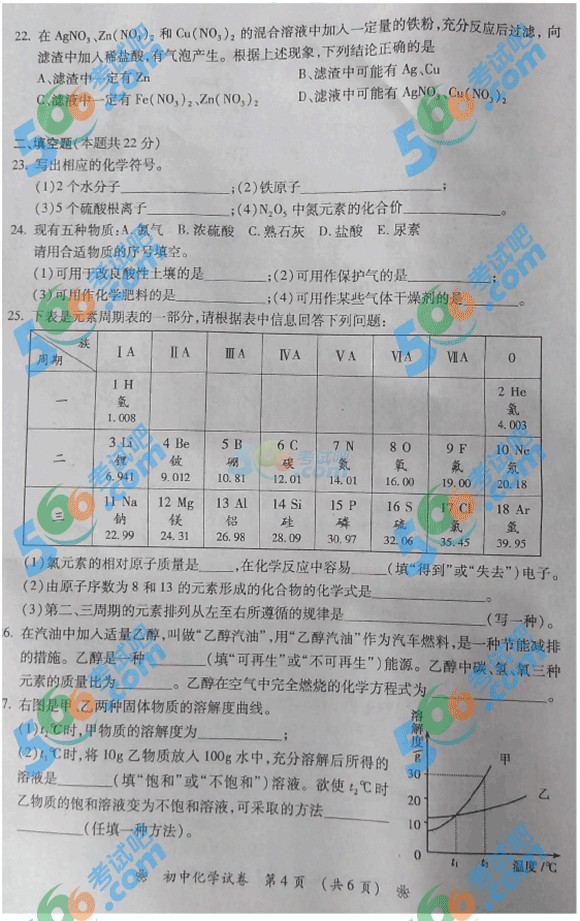 2015年湖南衡陽中考化學(xué)試題及答案