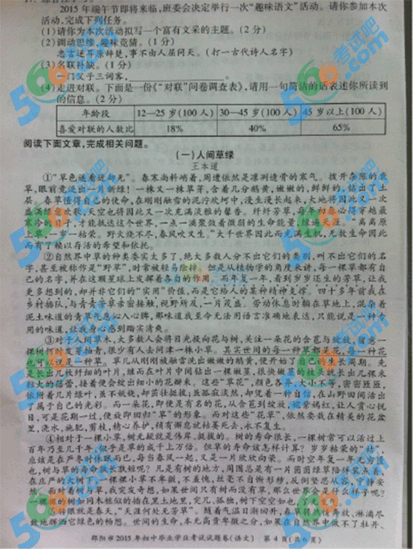 2015年湖南邵陽中考語文試題