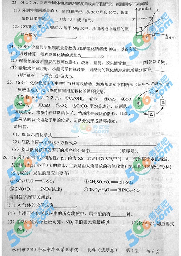 2015年湖南永州中考化學(xué)試題