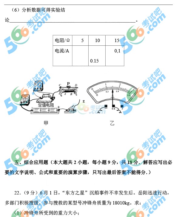 2015年湖南岳陽中考物理試題及答案
