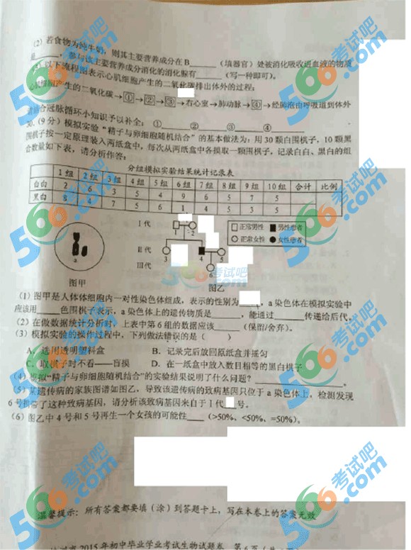 2015年湖南株洲中考生物試題