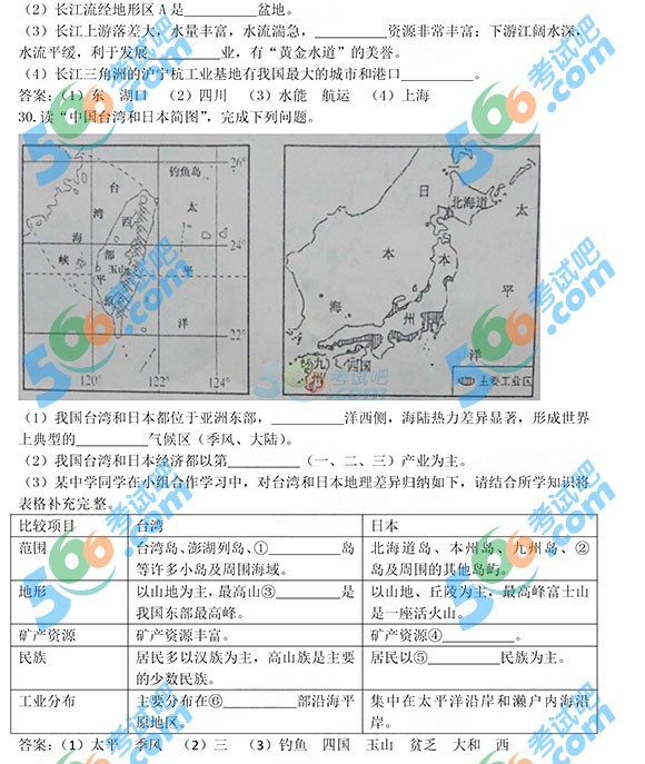 2015年云南曲靖中考地理試題及答案
