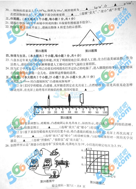 2015年貴州六盤(pán)水中考物理試題及答案