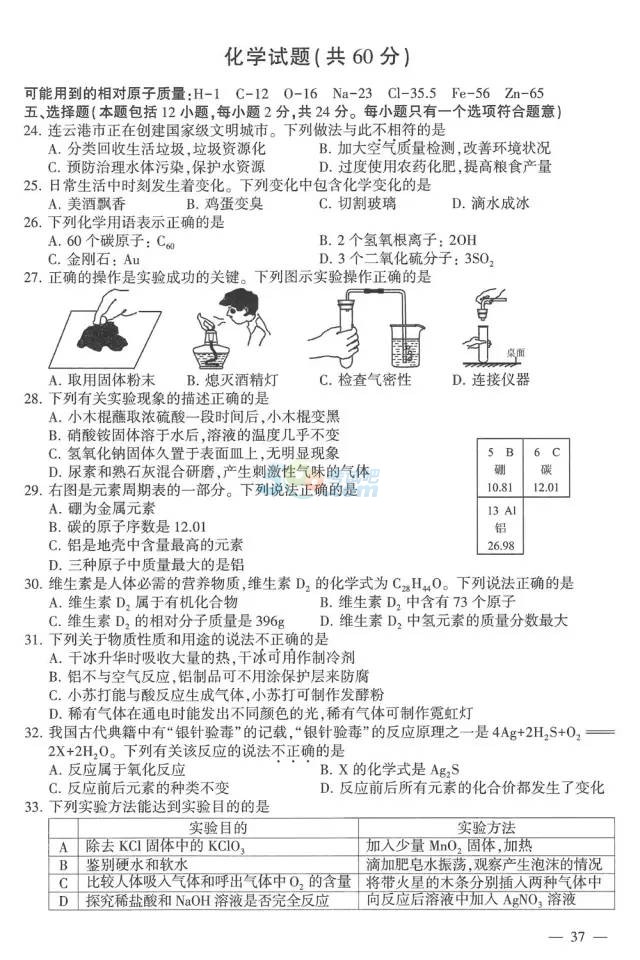 考試吧:2017年江蘇連云港中考《化學(xué)》試題及答案