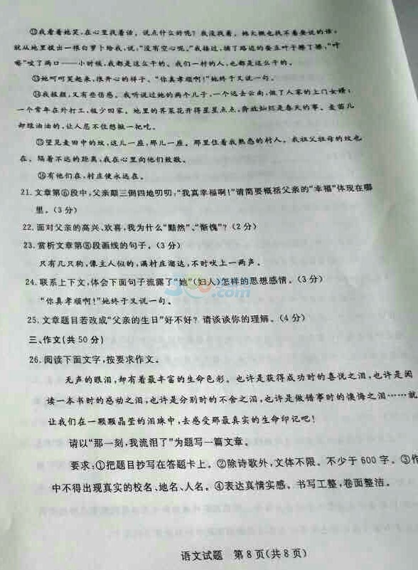 考試吧:2017山東濱州中考《語文》試題