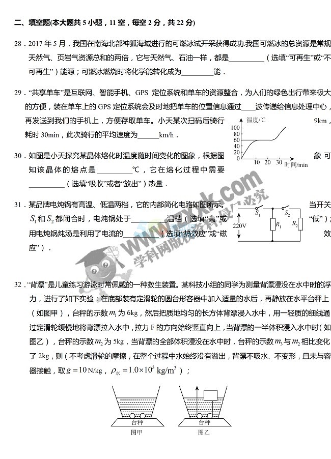 考試吧:2017年湖南長沙中考《理綜》真題及答案