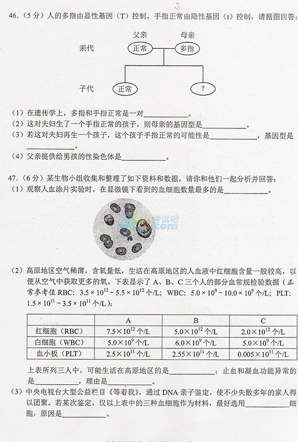 考試吧:2017云南統(tǒng)考地區(qū)中考《生物》真題