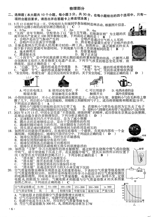 2021年山西中考理科綜合真題及答案公布